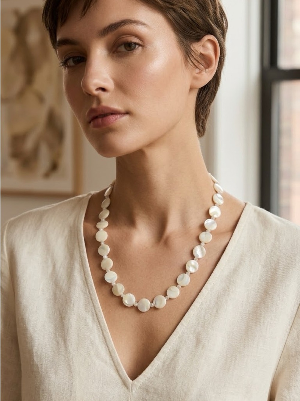 Vintage Mother-of-Pearl Disc & Moon Stone Space Beads Necklace